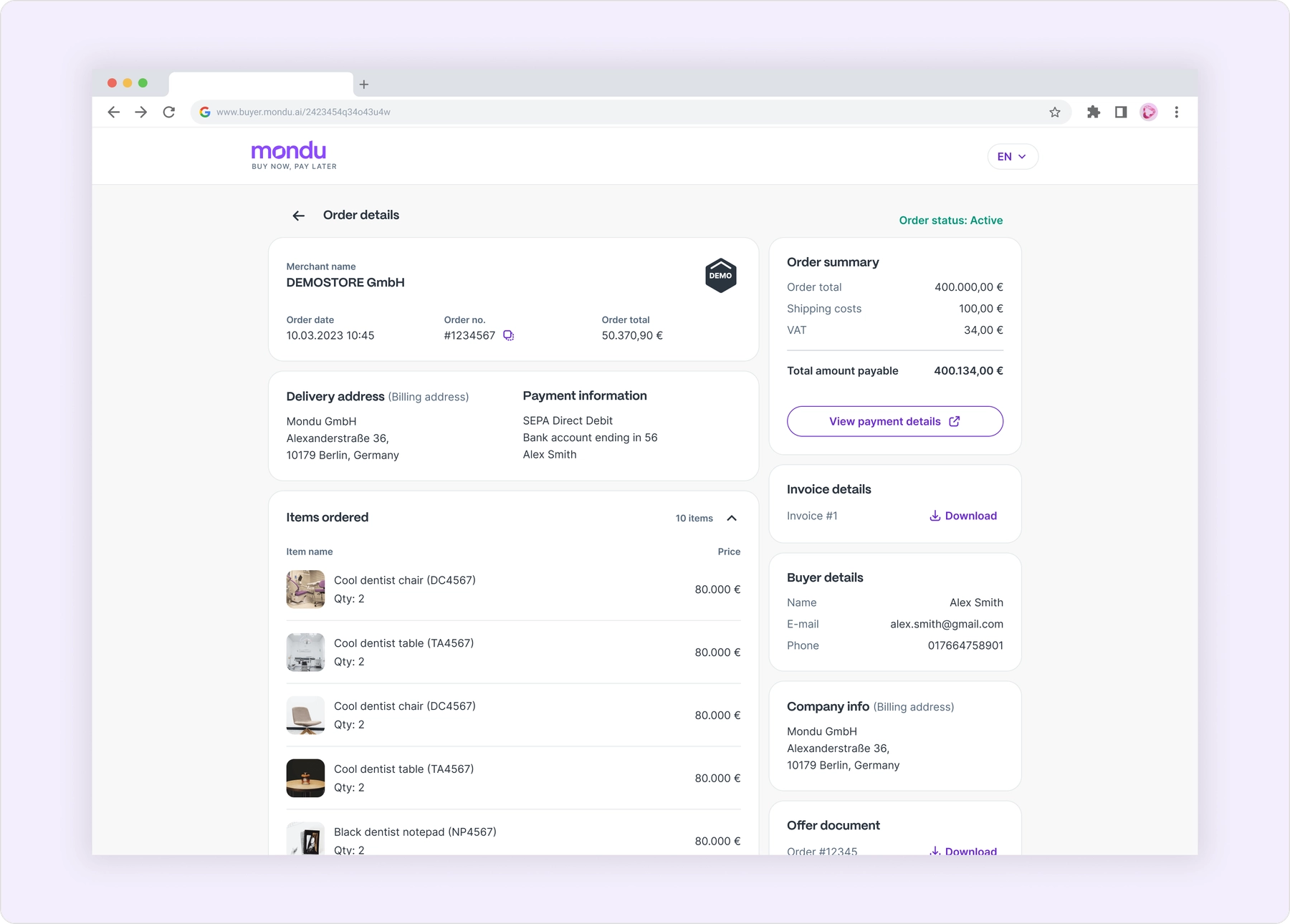 Order details page