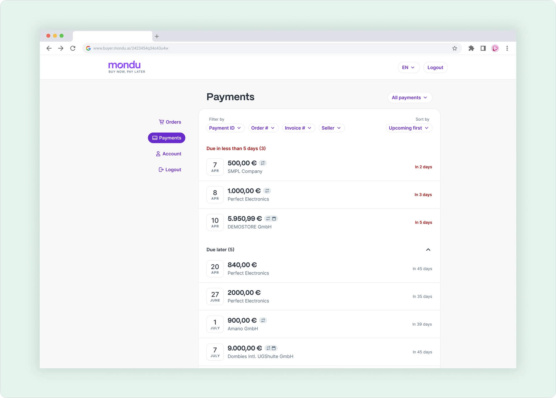 Payments page