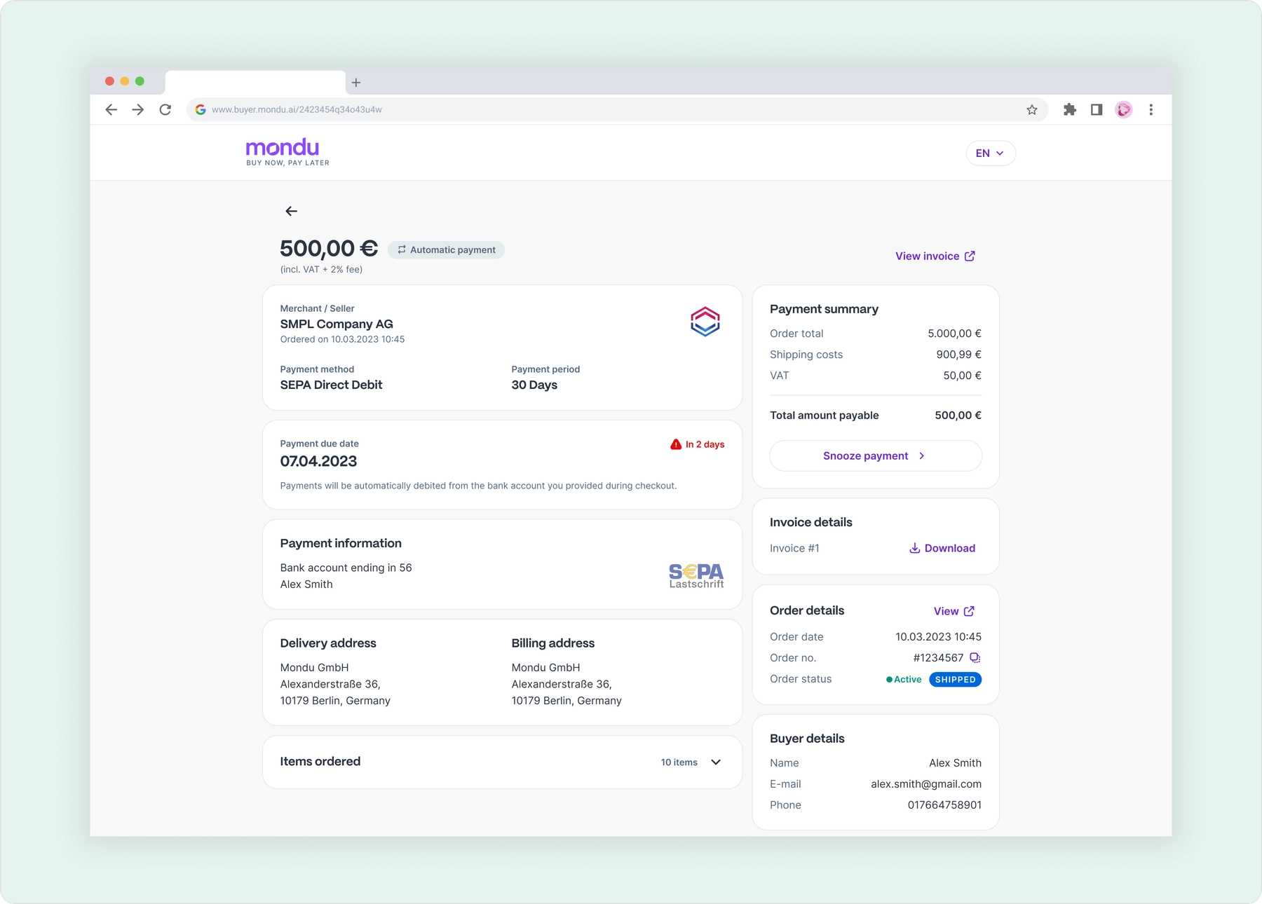 Installment payment details