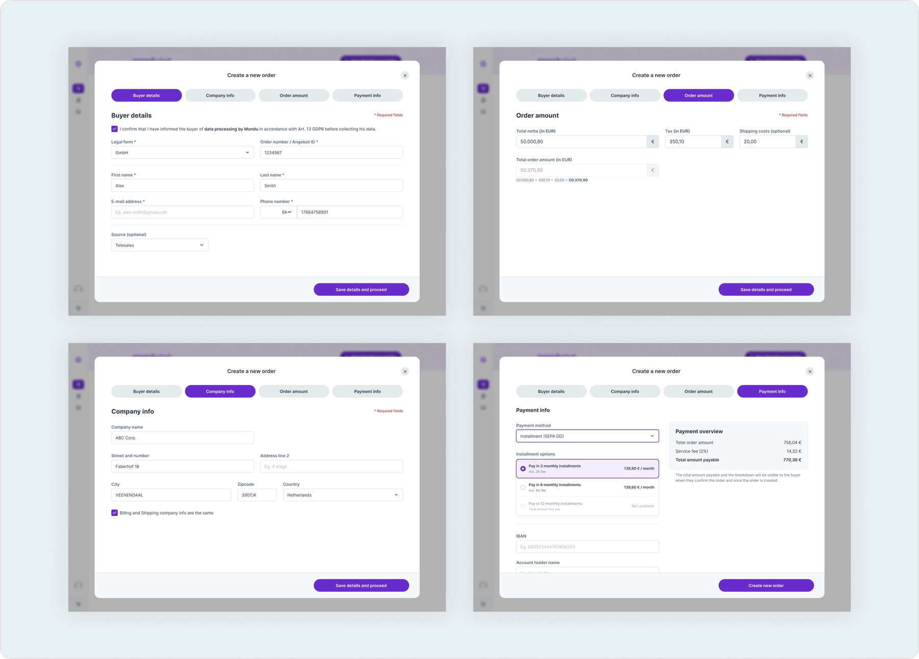 Order creation modals