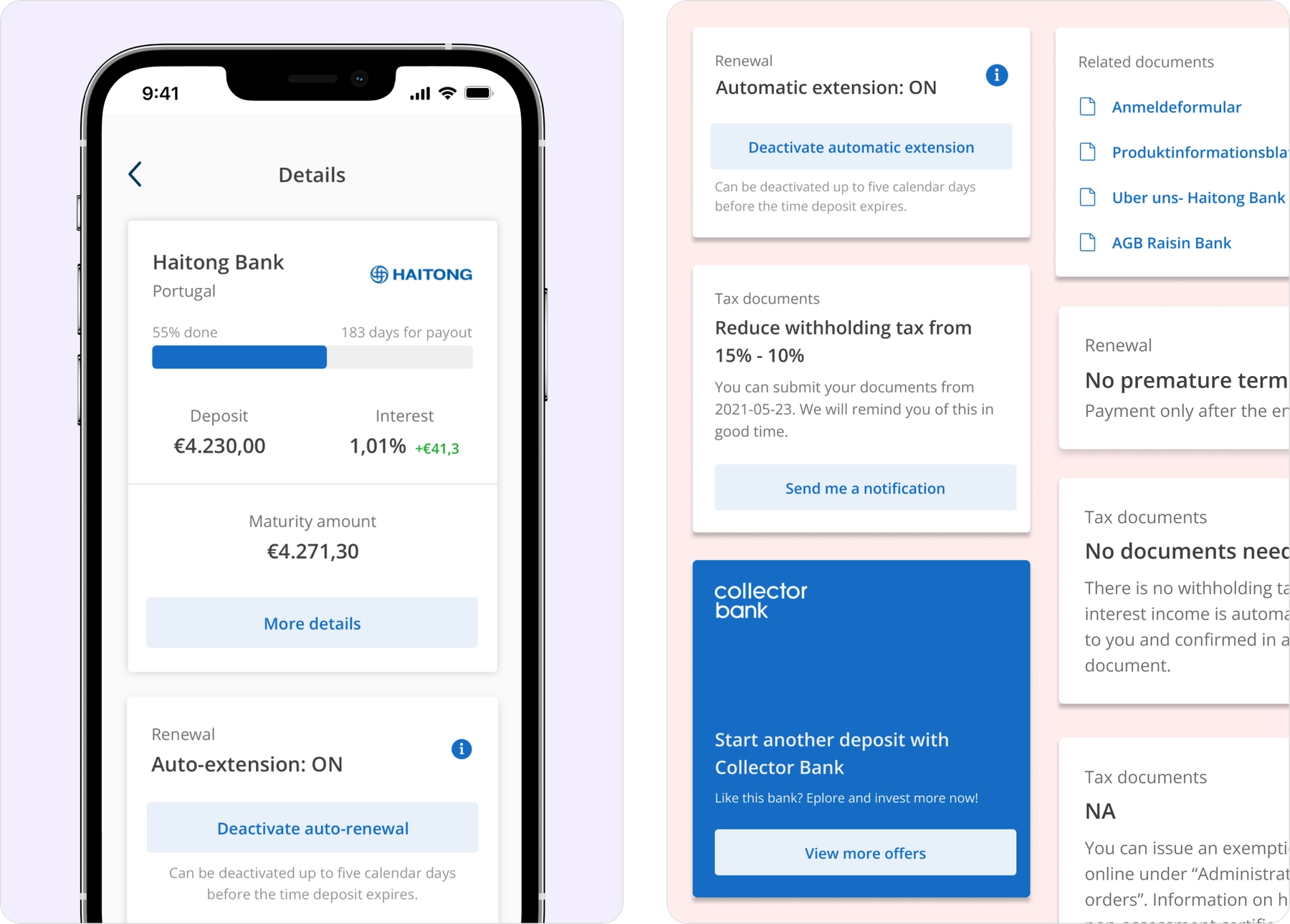 Deposit details and various cards from the app