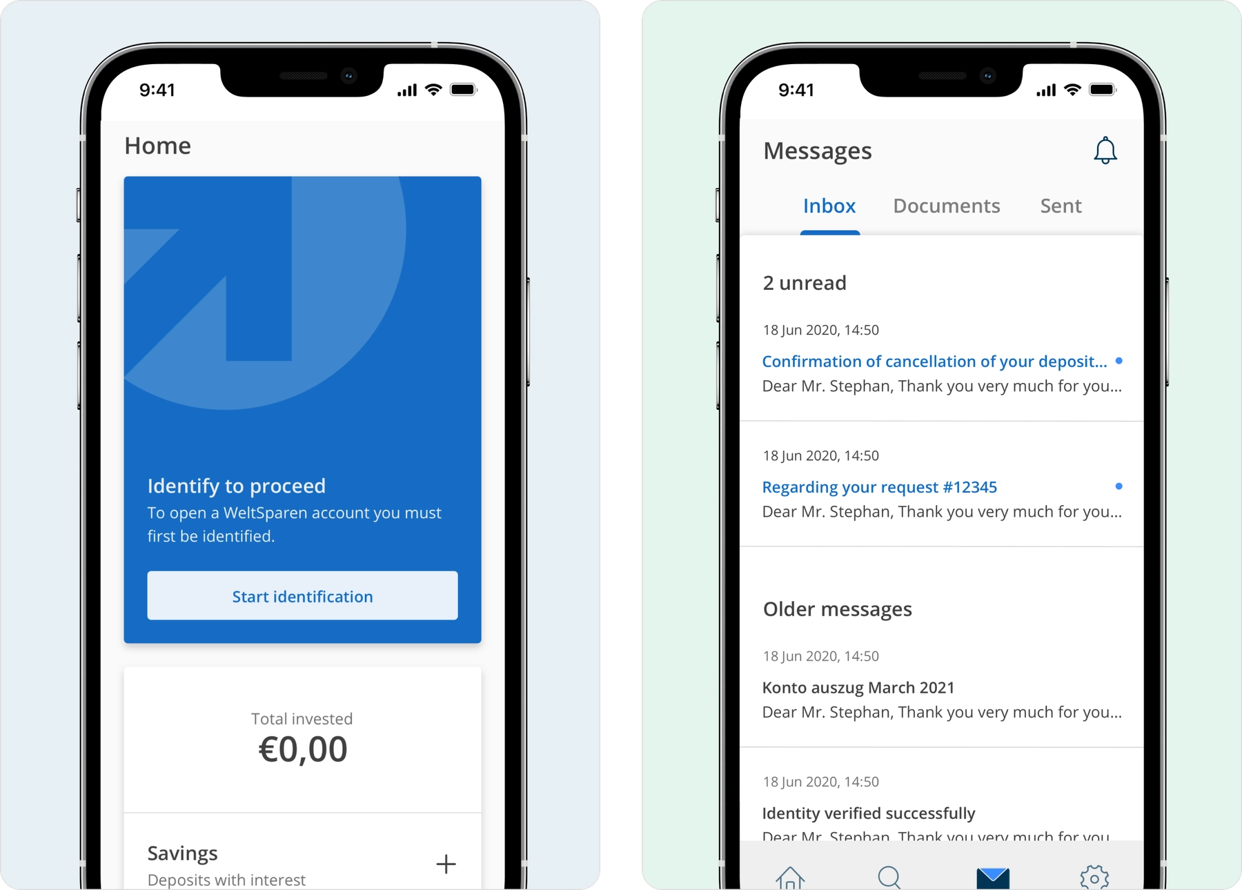 KYC banner and Messages screen