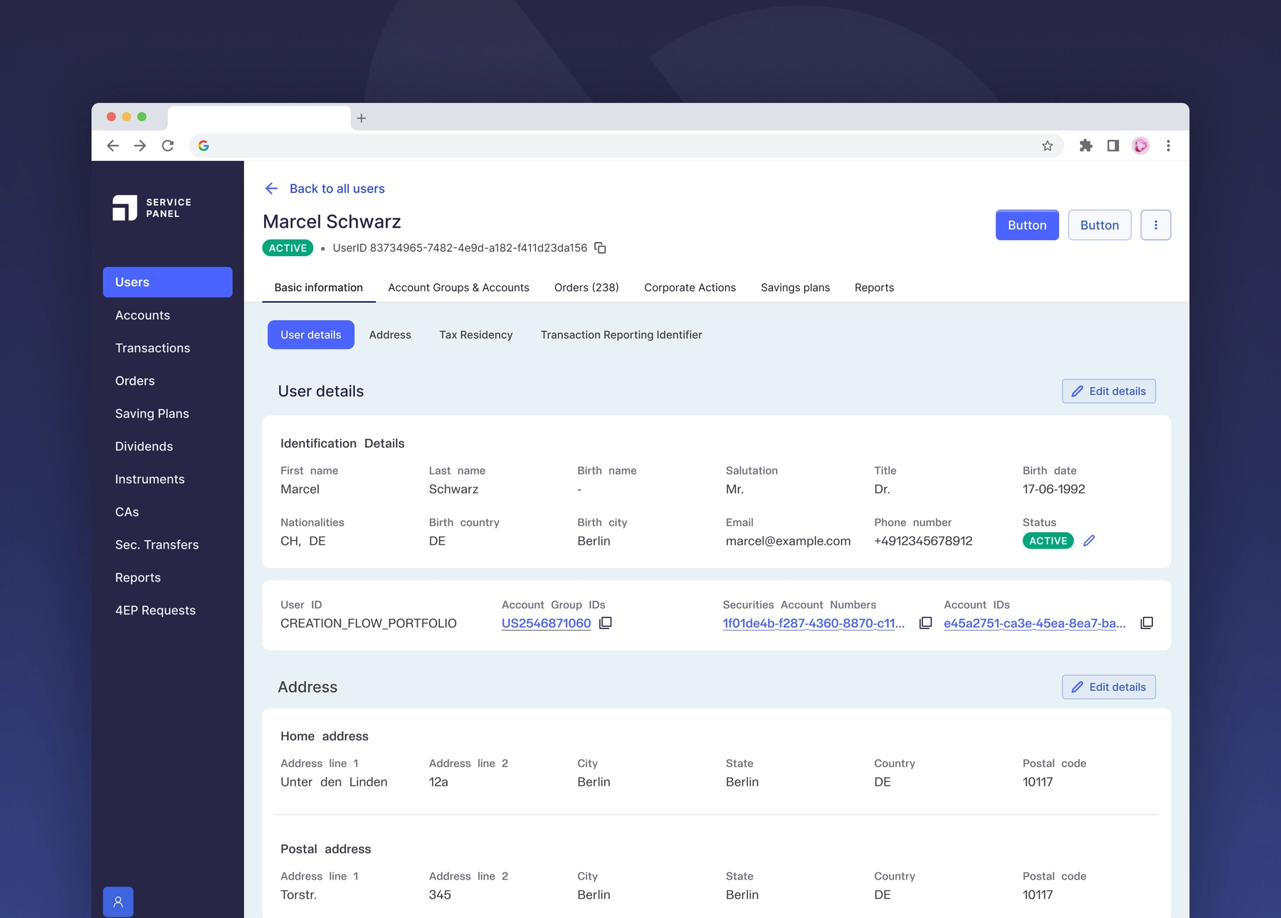 User Details with 2 levels of navigation