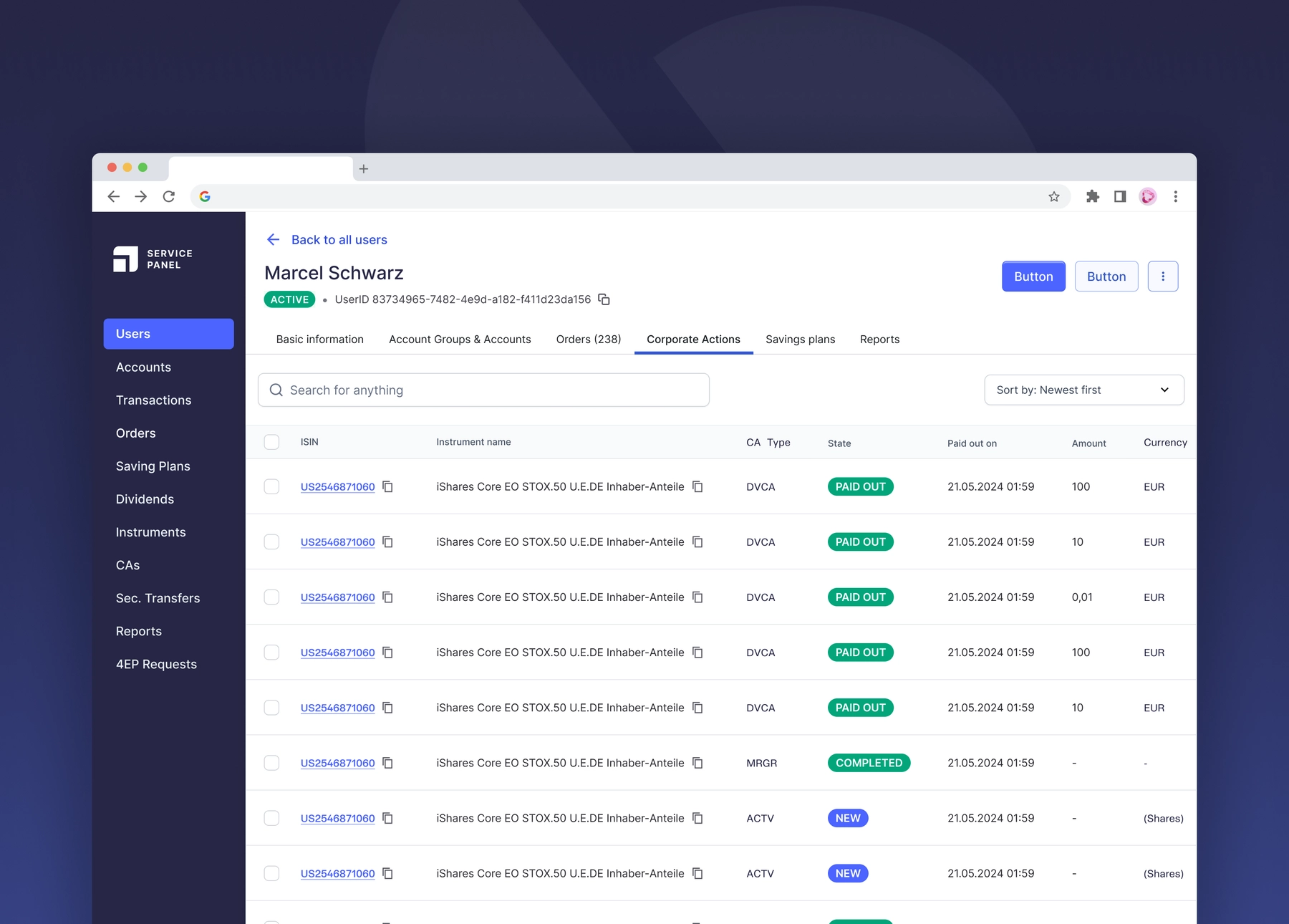 Users → Corporate Actions