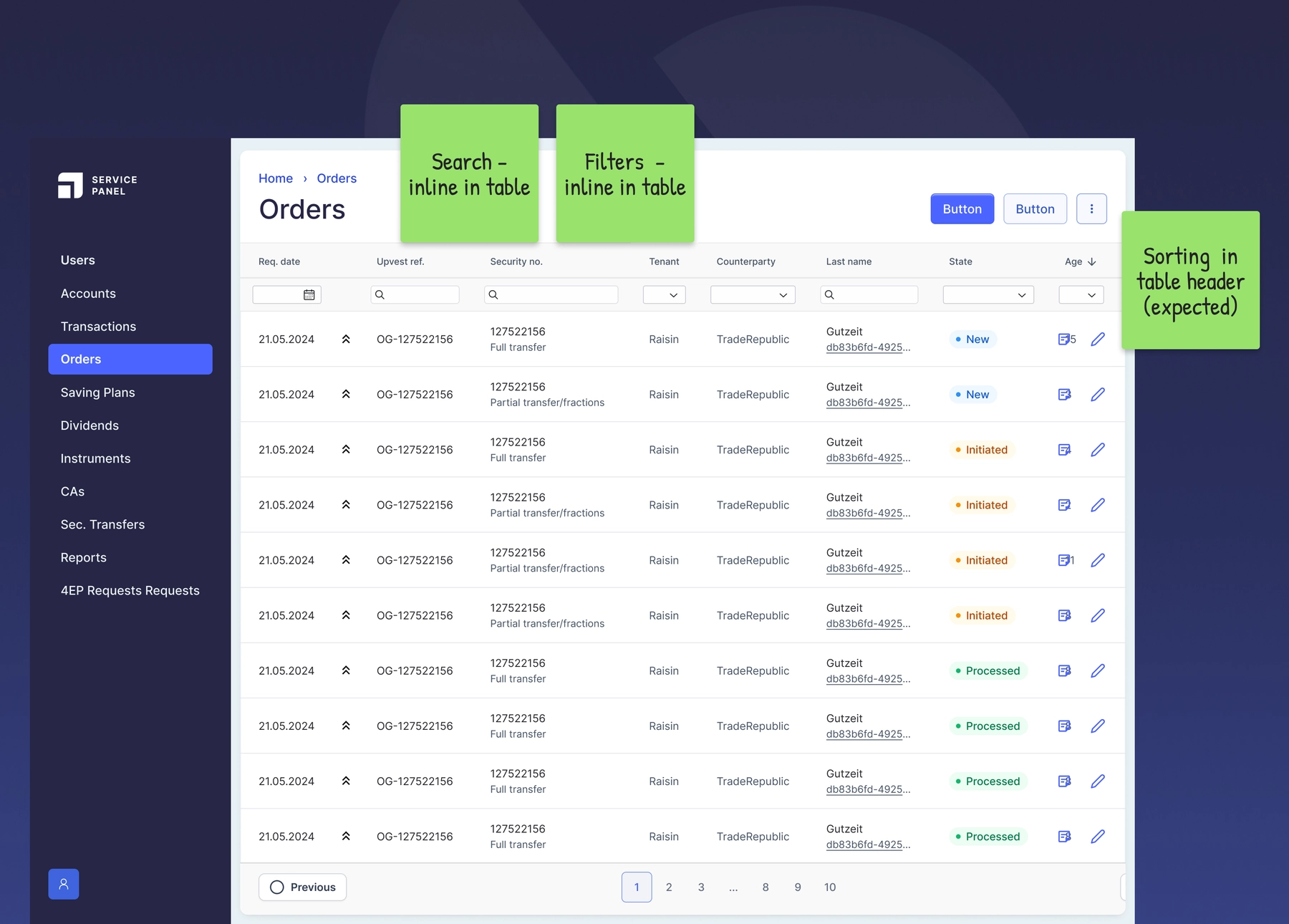 Search, filter & sort within the table